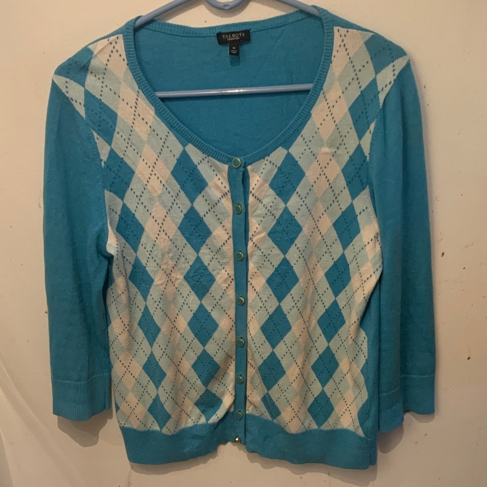 Beautiful Talbots Teal and Cream Argyle Button Up Silk and Cotton Cardigan SZ M